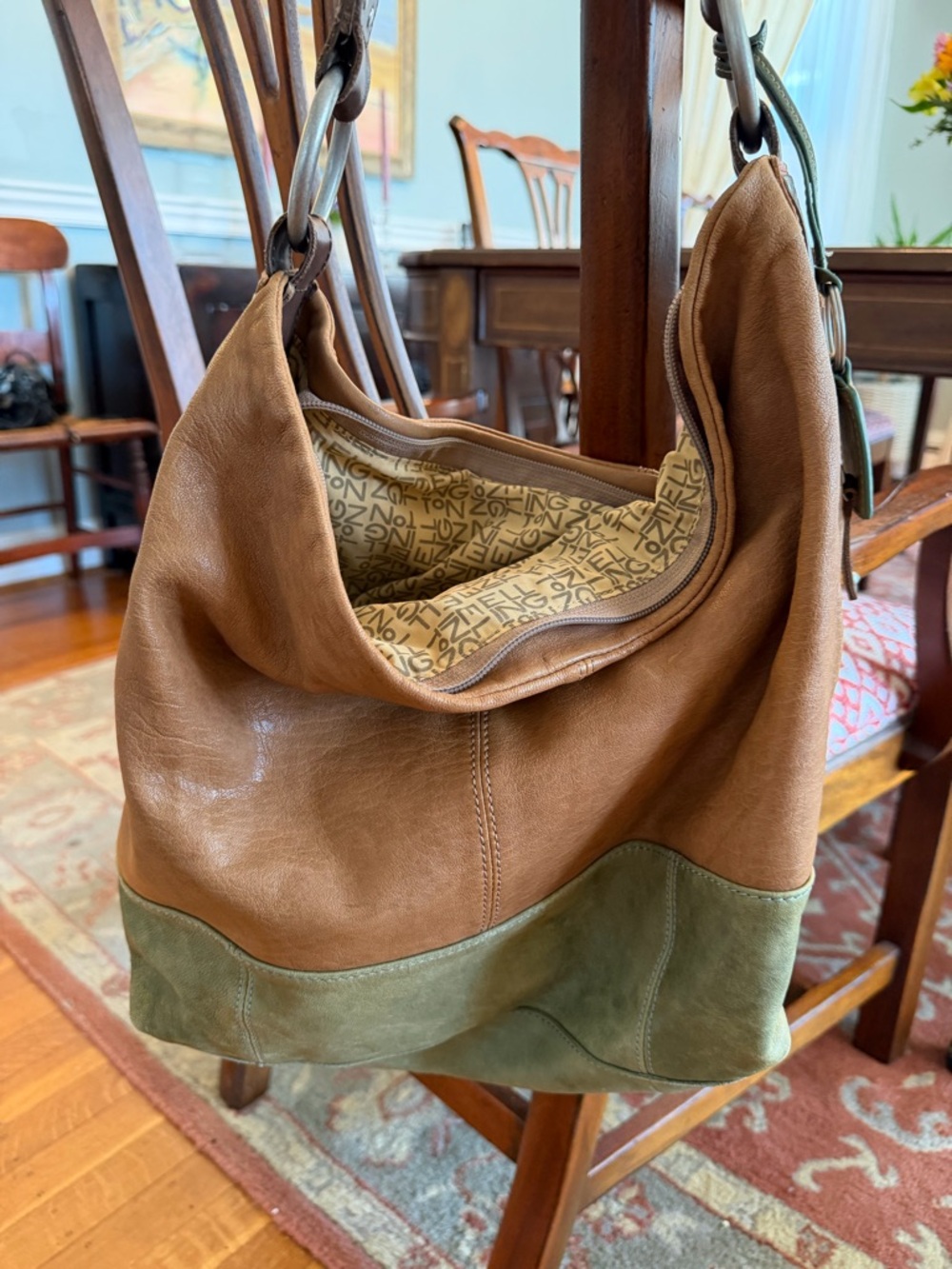 Ellington Two-Tone Brown Leather Hobo with Green Suede Trim